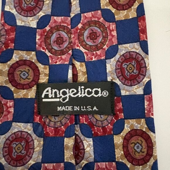 Angelica Silk Tie Blue Red Geometric Mens Necktie Vintage Office Evening Gift - Picture 4 of 8
